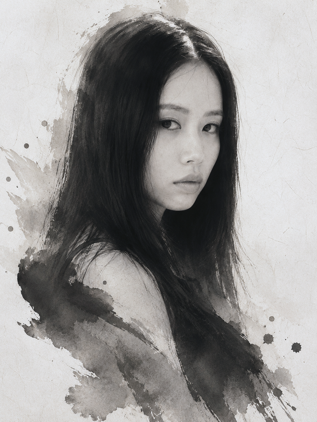 Monochrome ink-wash portrait of WENG